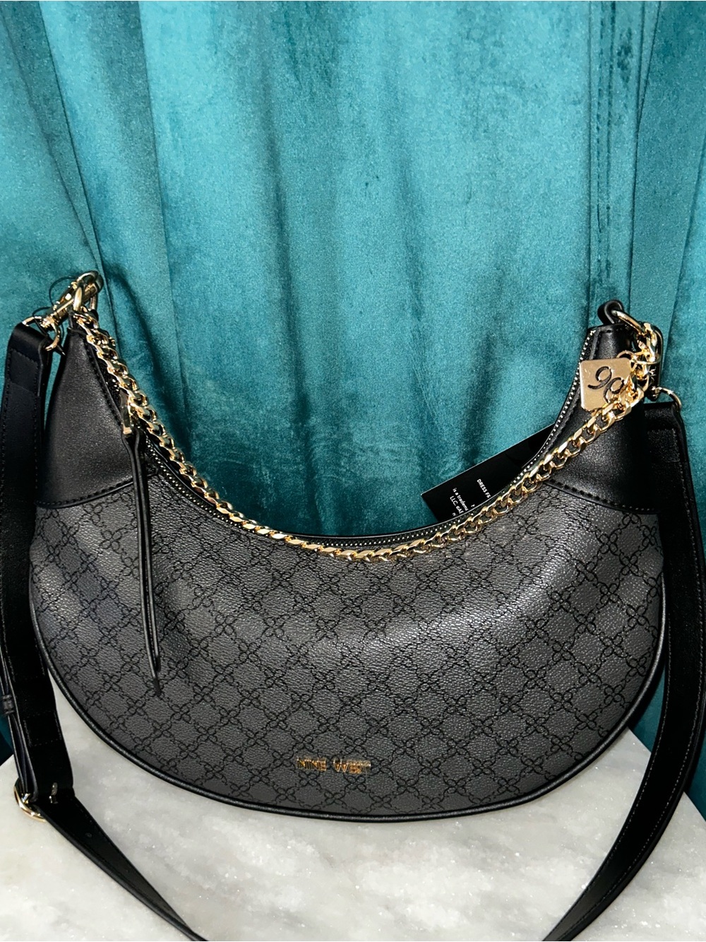 Nine West Black Logo-Pattern Crescent Shoulder Bag with Gold Chain